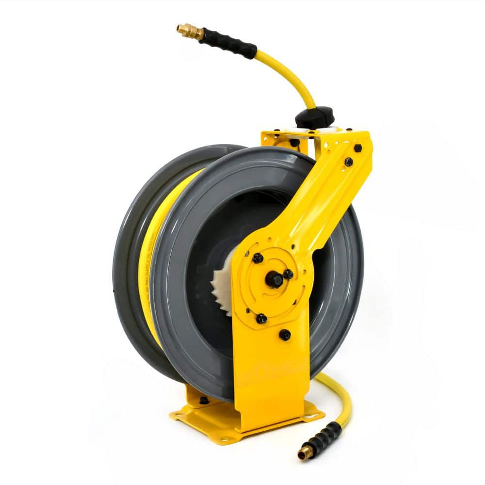 OILSHIELD 1/2 in. x 50 ft. Rubber Air Hose and Single Arm Steel Hose Reel with Swivel Mount Base, Coupler and  Socket Wrench