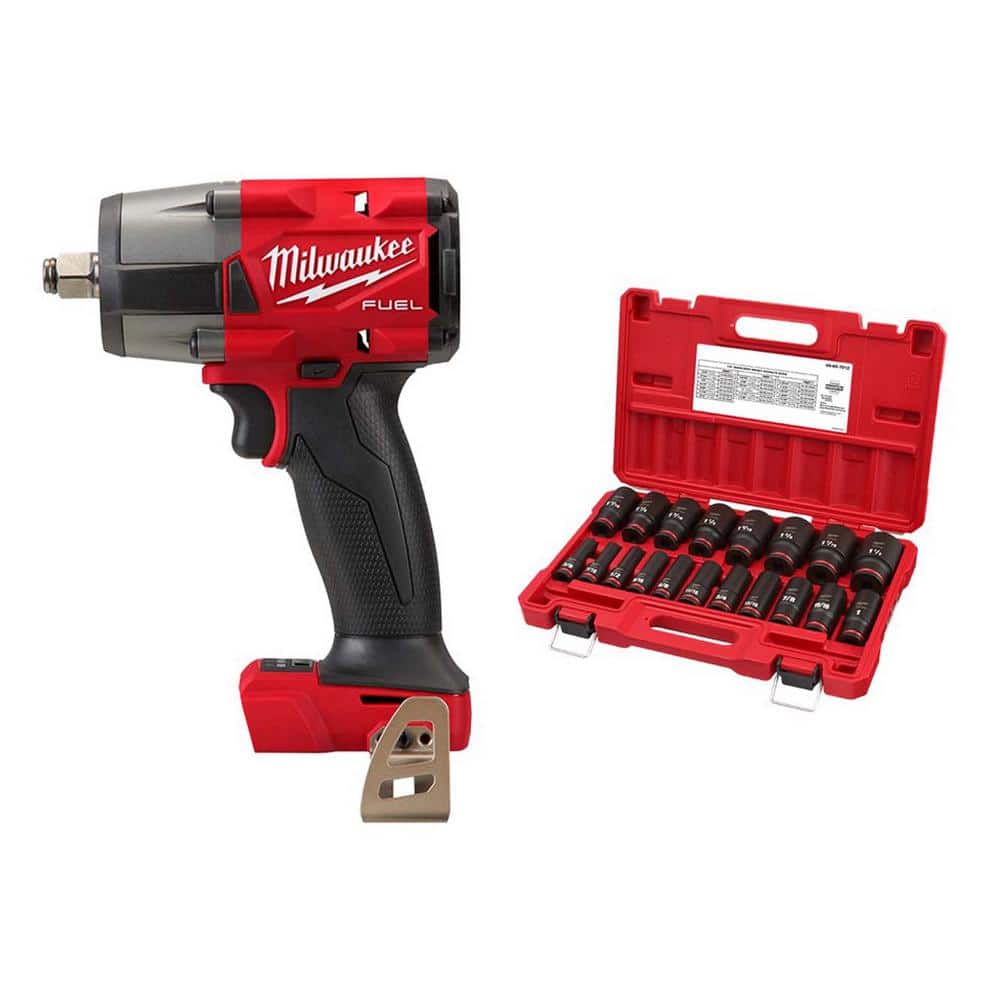 Milwaukee M18 FUEL Gen-2 18V Li-Ion Brushless Cordless Mid Torque 1/2 in. Impact Wrench w/Friction Ring & SAE Socket Set (19-Pc) (1)