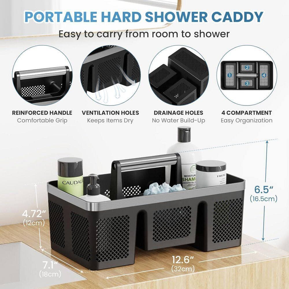 Wudkey Portable with Handle, 4 Divided Compartments, All-Side Drainage Plastic Shower Caddy in Black/Silver (2)
