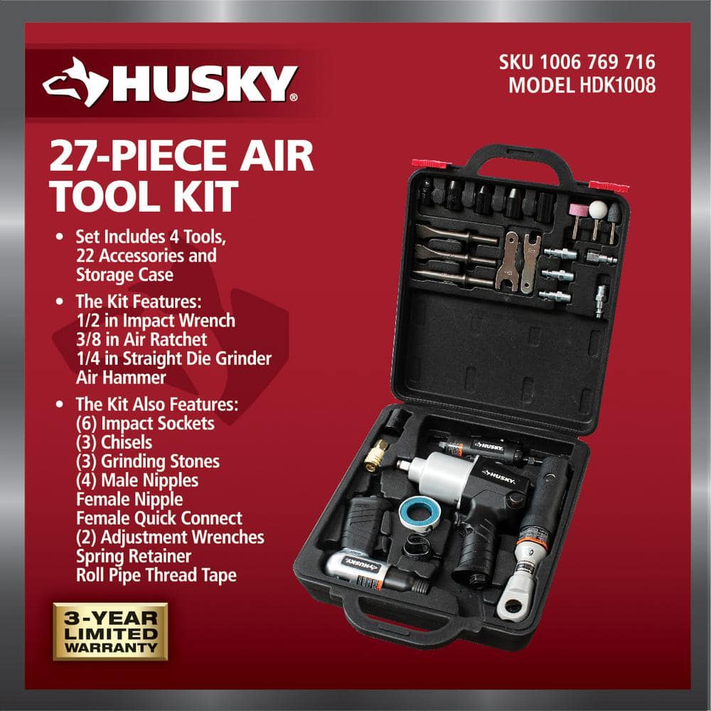 Husky 4-Pc Air Tool Kit W/ 1/2-in. Impact, 3/8-in. Ratchet, Die Grinder, Hammer, Sockets, Chisels, Grinding Stones (27-Pieces) (2)