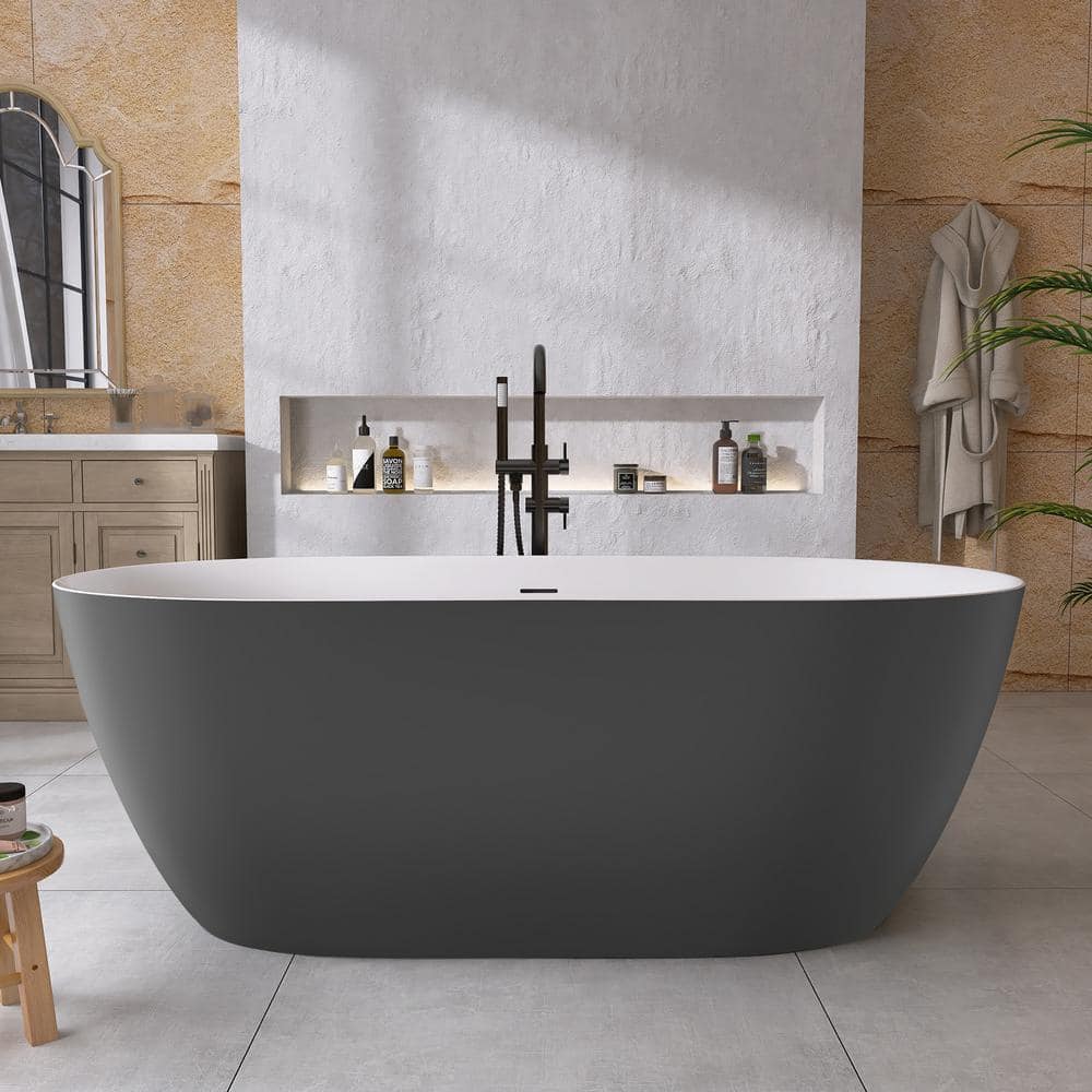 NTQ 67 in. x 29.5 in. Acrylic Free Standing Tub Oval Freestanding Soaking Bathtub Stand Alone Soaker Tub in Matte Grey (1)
