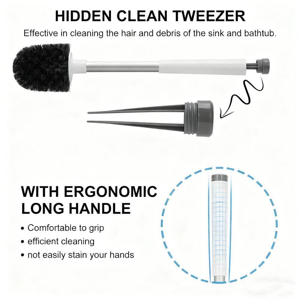 Wudkey 3-Piece Toilet Brush and Holder Bath Accessory Set in White and Grey, Self Closing Lid, Extra Long Handle, Nylon Bristle (3)