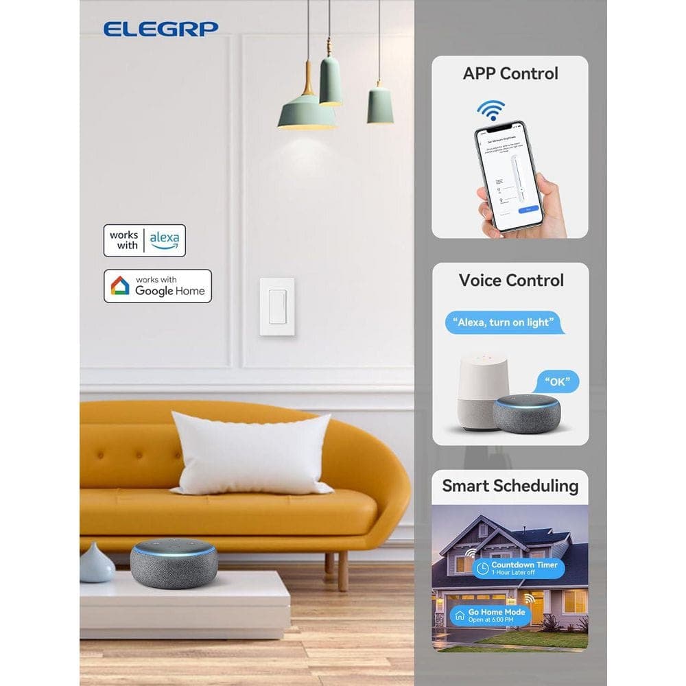 ELEGRP Smart Dimmer Light Switch Single Pole, 2.4GHz Wi-Fi Touch Dimmer Compatible w/Alexa and Google Assistant, White 2-Pieces (2)