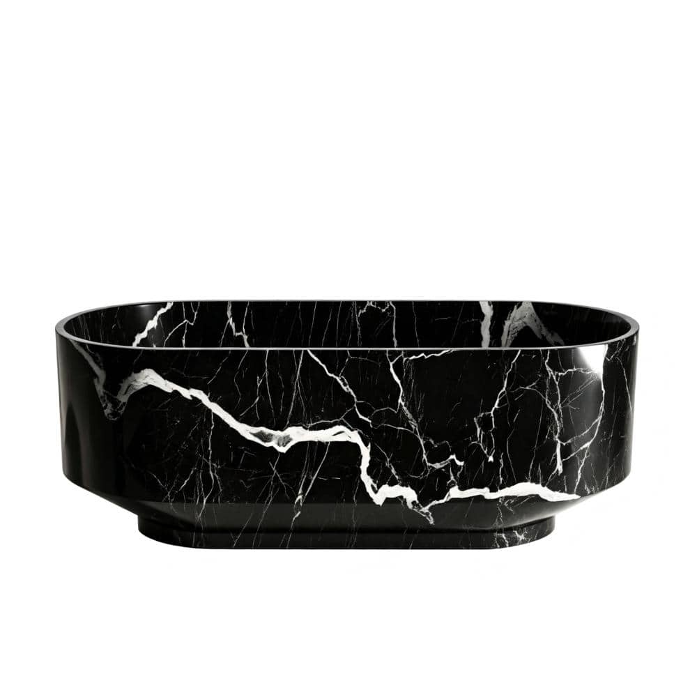 PEACEBAY 67 in. Stone Resin Freestanding Soaking Bathtub with Black Marquina Marble Patterned Finish