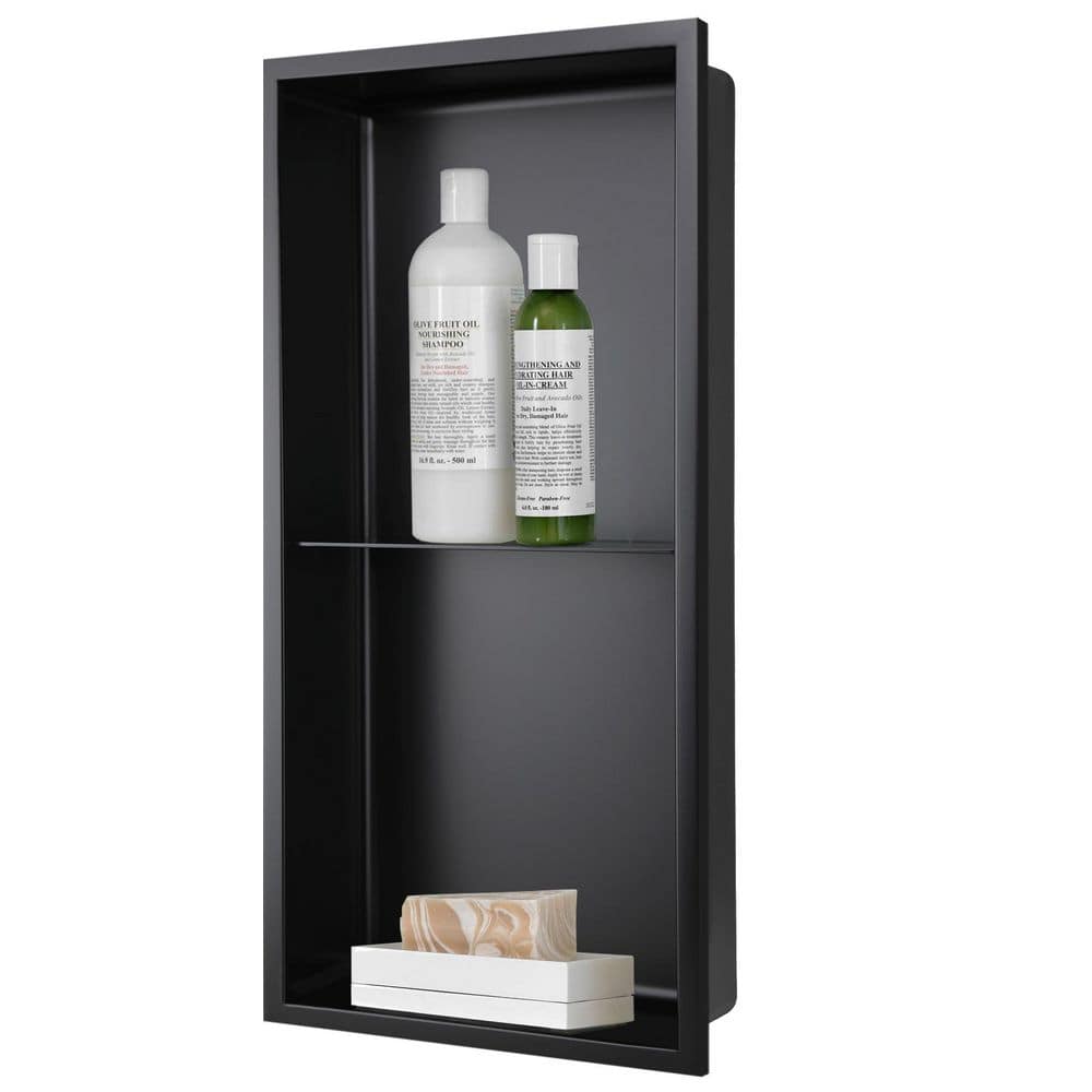 AKDY 12 in. W x 24 in. H x 4 in. D 18-Gauge Stainless Steel Double Shelf Bathroom Shower Wall Niche in Matte Black
