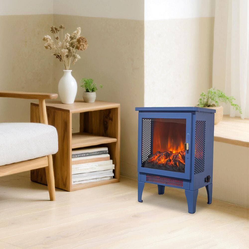 Clihome 14 in. W x 18 in. H Freestanding Electric Fireplace Heater in Blue with 3D Flame and Panoramic 3-Sided View (2)