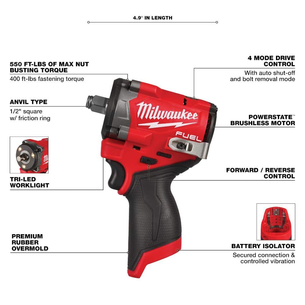 Milwaukee M12 FUEL 12V Lithium-Ion Brushless Cordless Stubby 1/2 in. Impact Wrench with M12 3/8 in. Ratchet (Tool-Only) (3)