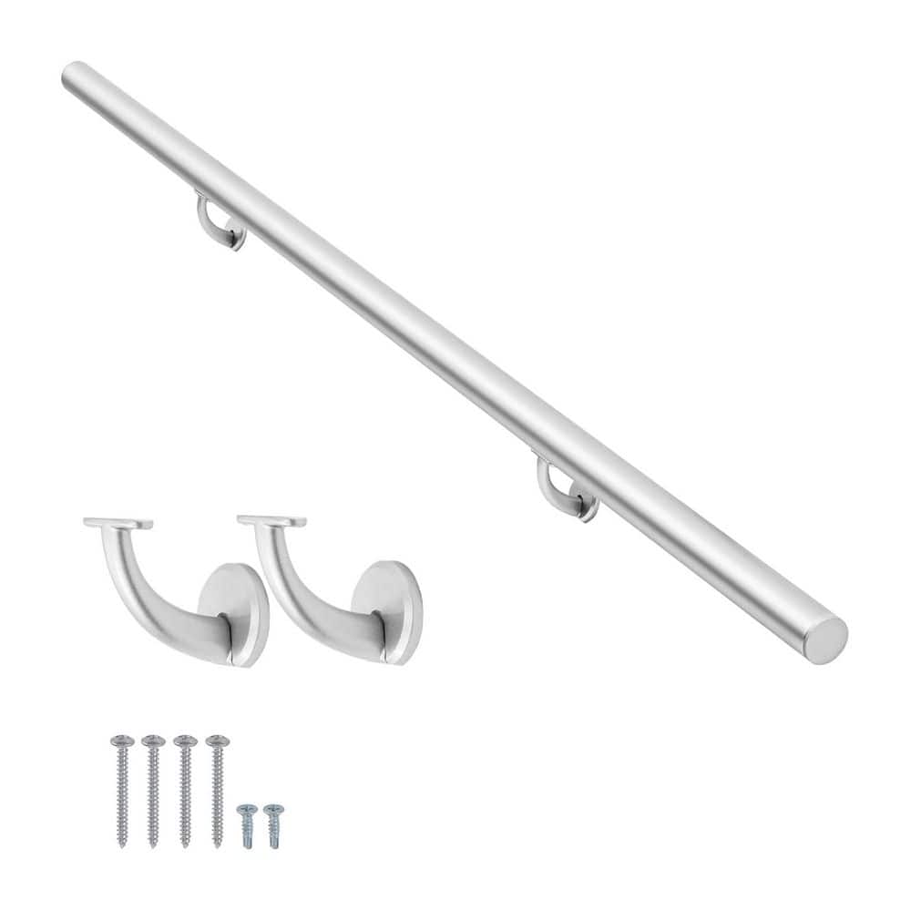 Unbranded 3 ft. Silver Aluminum Handrail Wood Grain Finish Wall Mounted Indoor Stair Railing Set with Zinc Alloy Brackets (1)