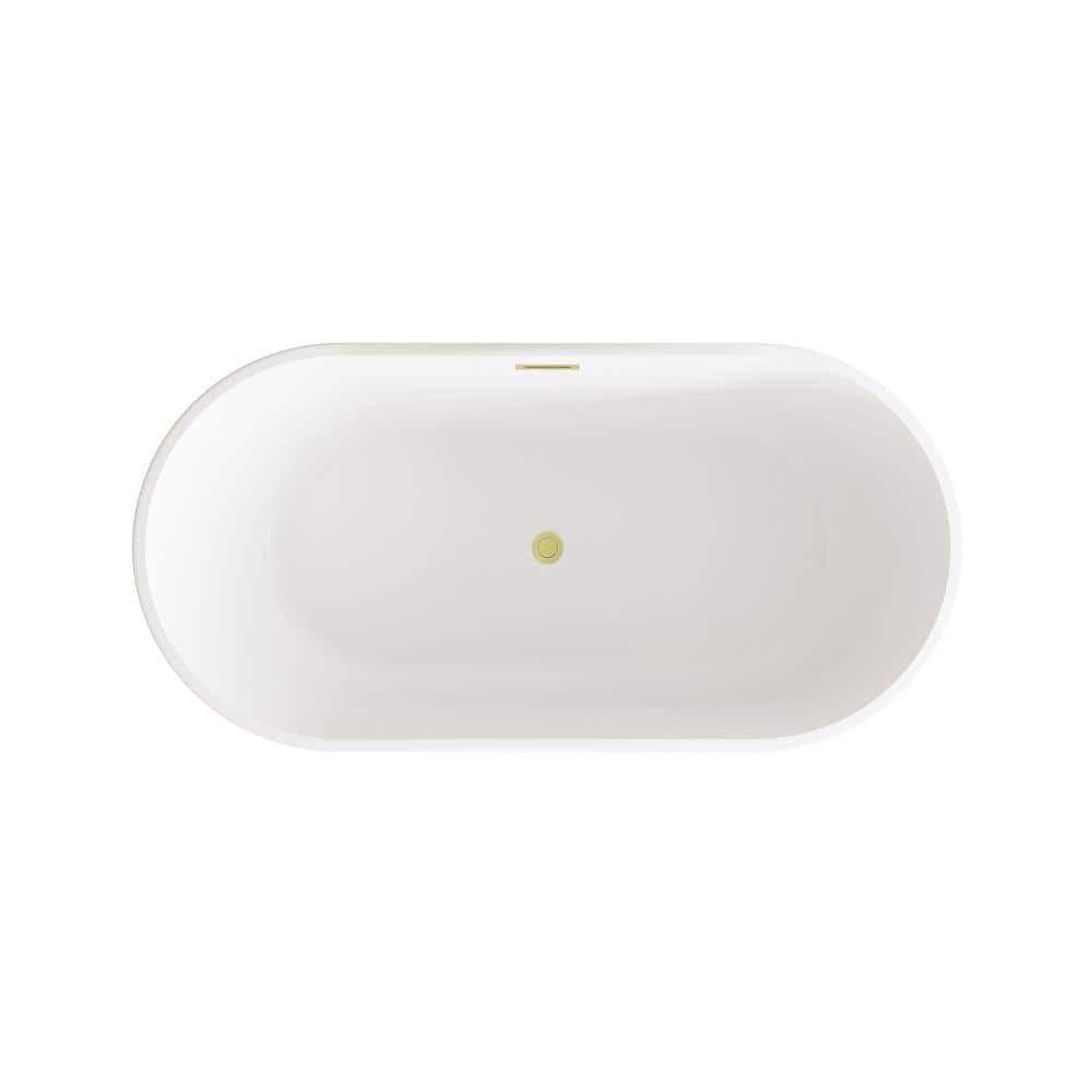 Unbranded Timeless Home 59 in. x 29.5 in. Soaking Bathtub with Center Drain in Glossy White with Brushed Gold Trim (2)