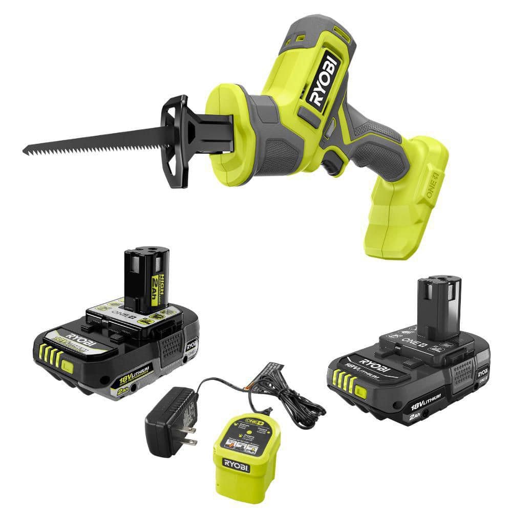 RYOBI ONE+ 18V Cordless One-Handed Reciprocating Saw Kit with 2 Ah Battery, Charger, Extra 2.0 Ah Battery, and Extra Charger (1)
