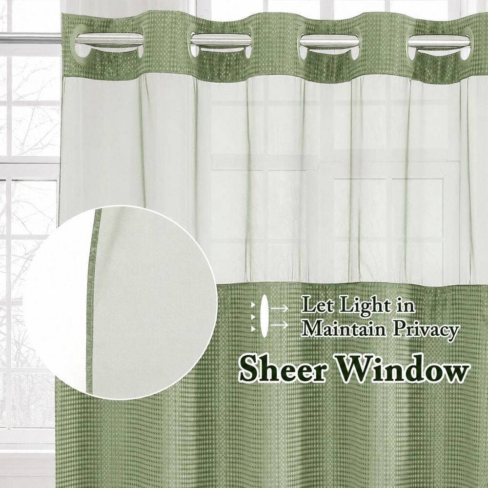 Anqtovp 72 in. W x 74 in. L Waffle Weave Shower Curtain in Sage Green with Mesh Window Removable Liner Hotel Style 1 Set All (2)