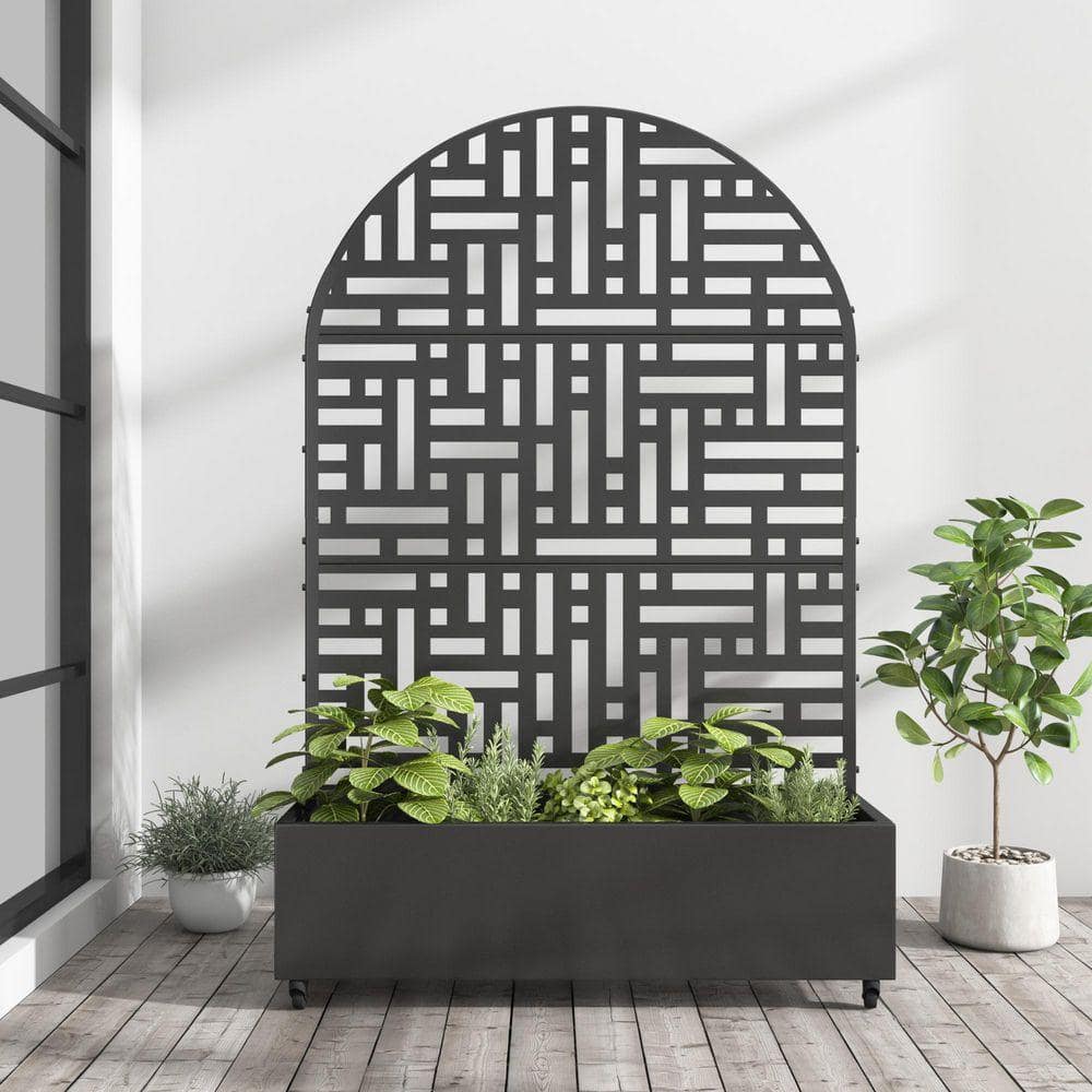 Lirago 72 in. x 47 in. Arched-Top Black Outdoor Metal Privacy Screen Raised Planter Box Wall Decor (1)