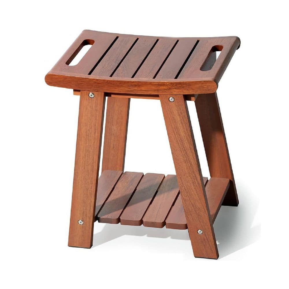 Numhew 13.77 in. Teak Shower Stool with Shelf and Towel Bar, Teak Wood Shower Bench for Shaving Legs, Waterproof, Non-Slip Feet (1)
