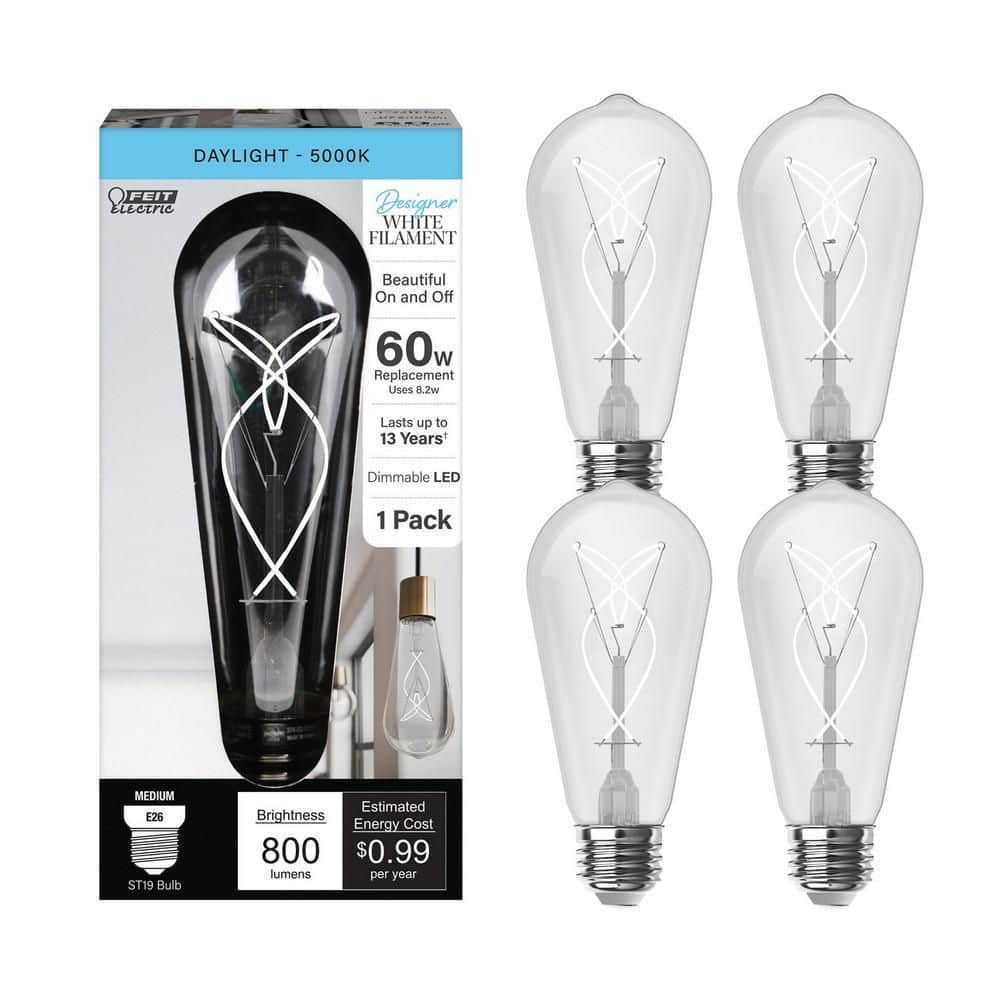 Feit Electric 60-Watt Equivalent ST19 Dimmable Knot Thin White Filament Clear Glass E26 Vintage Edison LED Light Bulb Daylight (4-Pack)