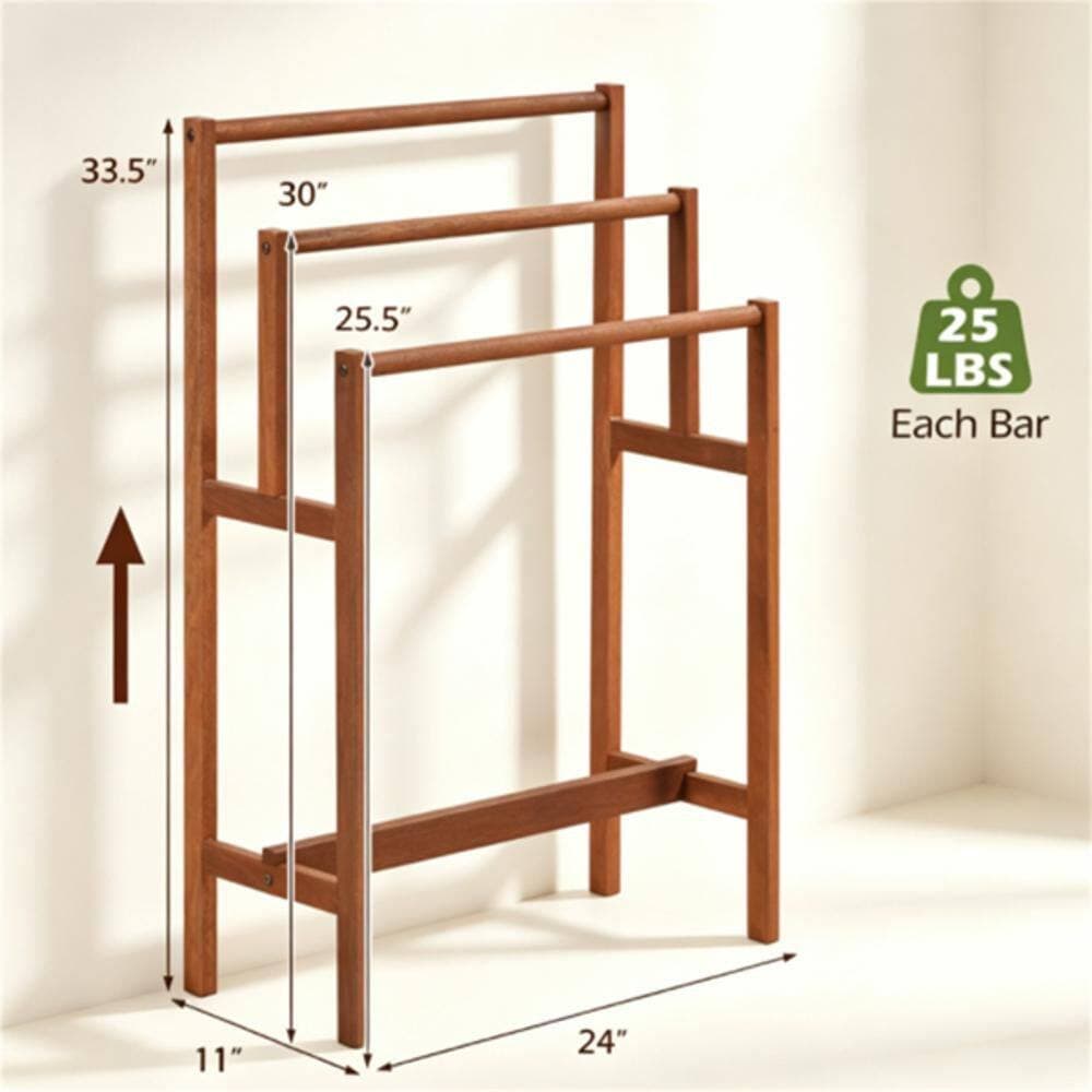 Wudkey 3‑Tier Freestanding Hardwood Towel Ladder in Brown, Farmhouse Vertical Towel Storage Rack, Space‑Saving Step Towel Bar (2)