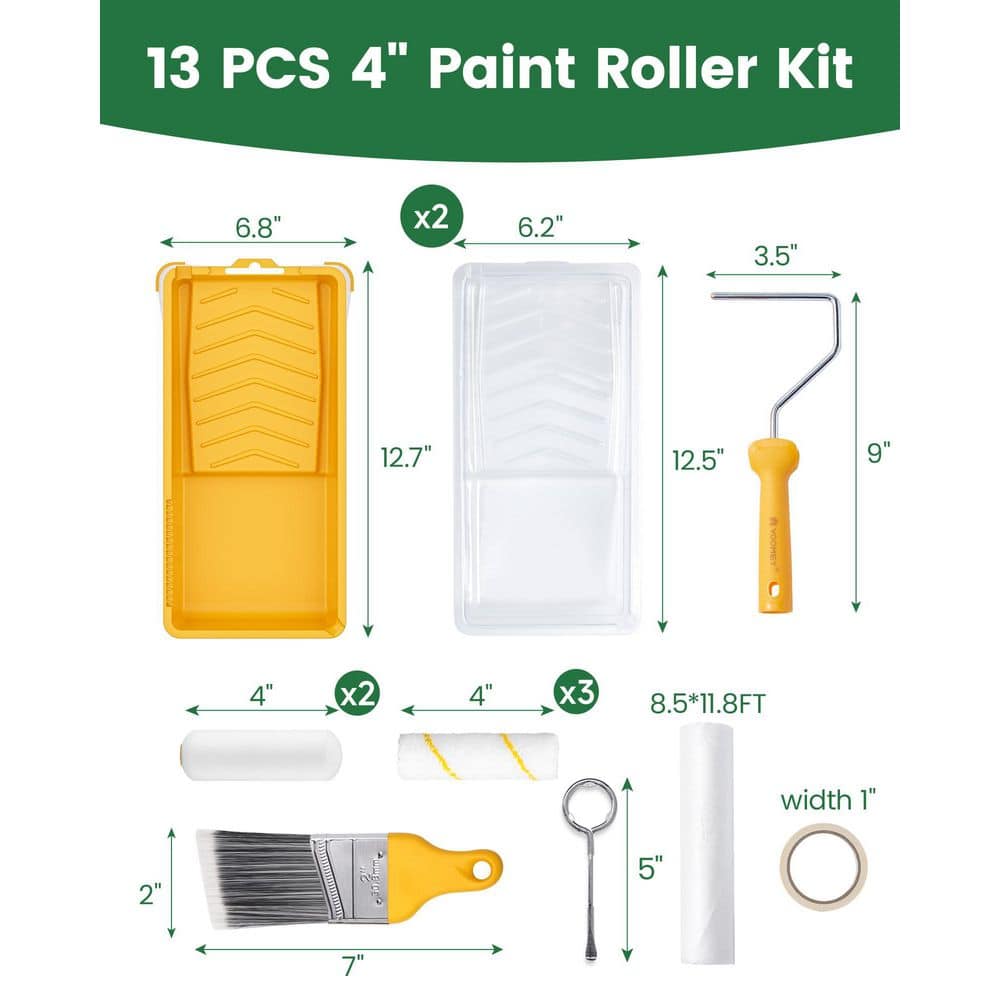 Unbranded 4 in. White High-Density Foam Microfiber Mini Paint Roller Kit with Paint Tray and Brush 13-Piece Set (2)
