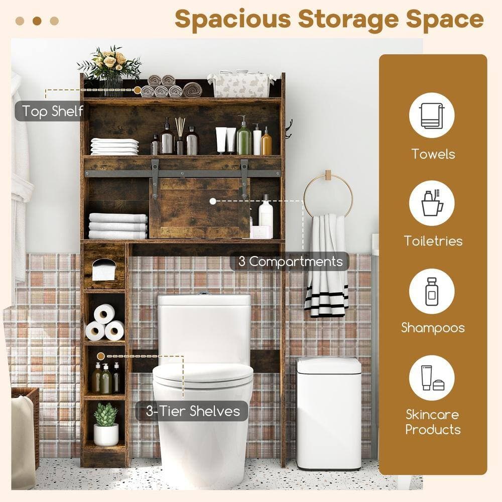 HONGGE Over-the-Toilet Storage Cabinet with Sliding Barn Door 3-Tier Adjustable Shelves and Hooks (3)