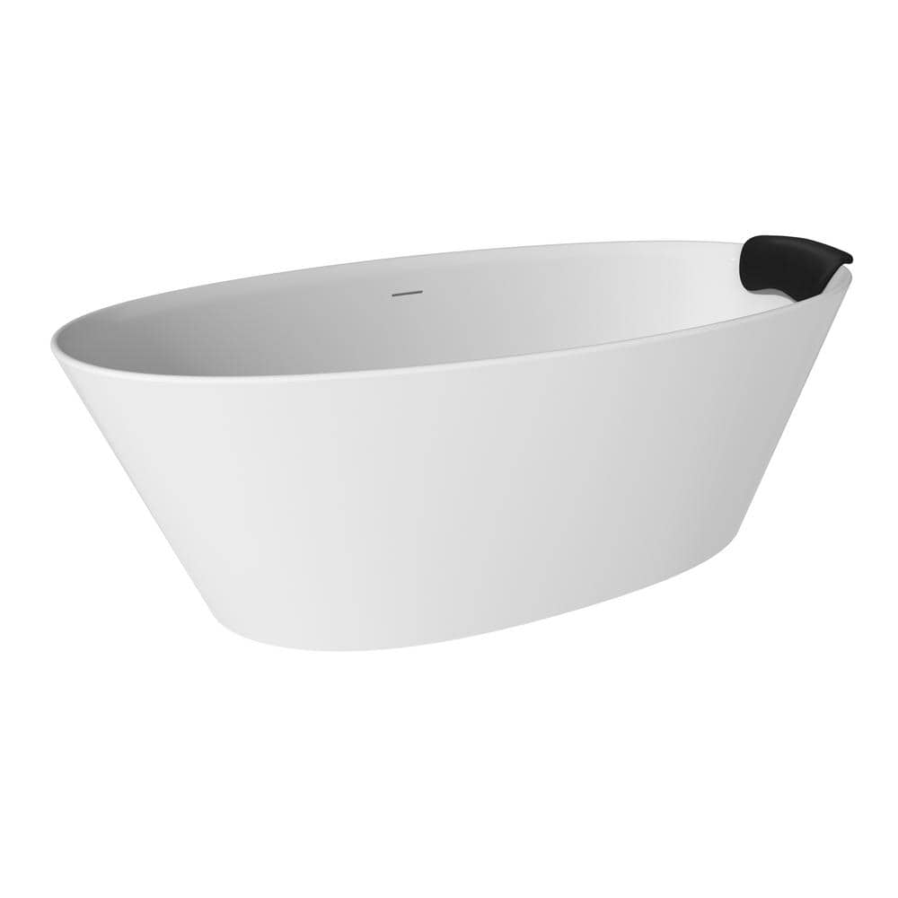 VANITYFUS 66.93 in. x 33.46 in. Stone Resin Solid Surface Freestanding Soaking Bathtub with Hose, Drain and Pillow in Matte White (3)