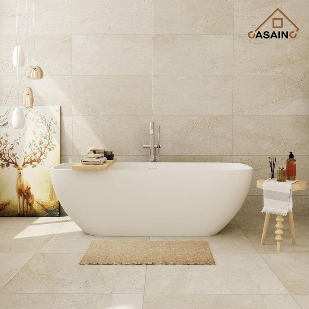 CASAINC 67 in. x 23 in. Solid Surface Stone Resin Stand Alone Freestanding Soaking Bathtub in White with Center Drain