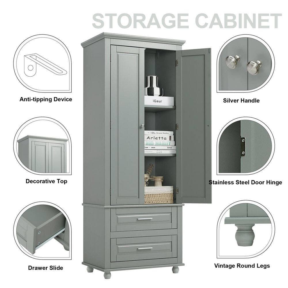 Boyel Living 15.7 in. W x 24 in. D x 62.5 in. H Gray MDF Linen Cabinet with Adjustable Shelf 2 Drawers, 2 Doors (3)