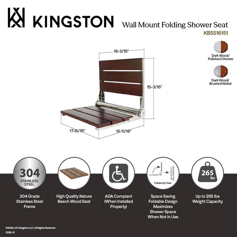 Kingston Brass Soutien 20 in. x 16 in. Wall Mount Folding Shower Seat in Dark Wood/Polished Chrome (2)