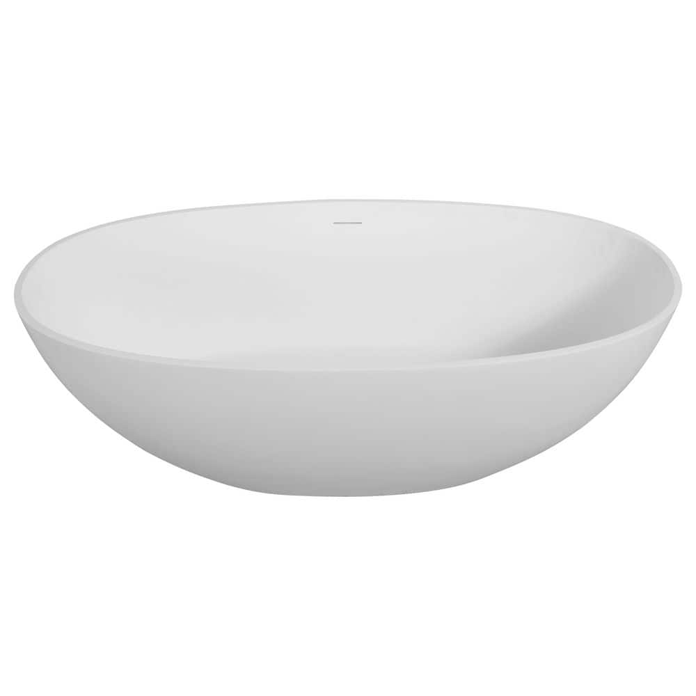 LIVACA 64.96 in. x 29.53 in. Flat Bottom Handcrafted Stone Resin Freestanding Soaking Bathtub with Center Drain in Matte White (1)