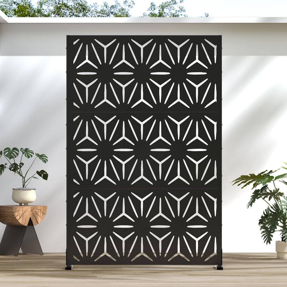 Lumioca 1-Piece 46.8 in. W x 71.37 in. H Black Star Shaped Metal Outdoor Privacy Screen Garden Screen Decorative Art Panel (3)