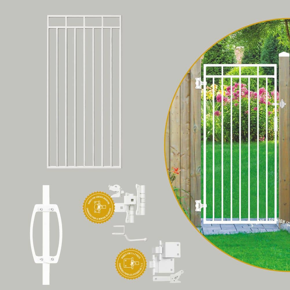 NUVO IRON Glossy Flat-Top Benitoite Steel Gate (33 in. W 68 in. H), Self-Close Hardware, Double-Sided Handle, 2x2 Hinges (3)