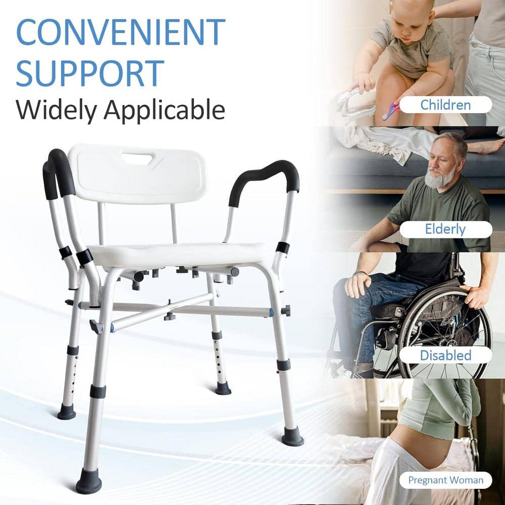 Adrinfly 24 in. Heavy Duty Aluminum Shower Seat with Arms, Back and Adjustable Height in White for Elderly Up to 550 lbs. (3)