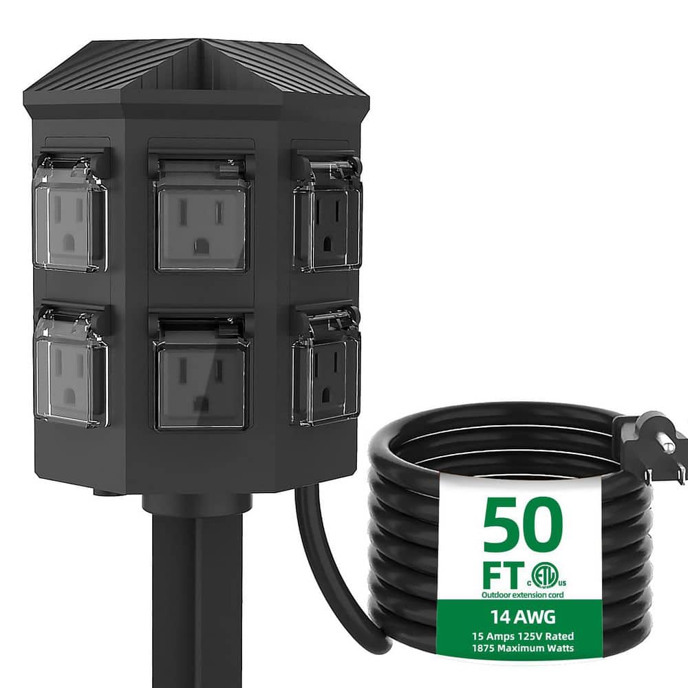Unbranded 50 ft. 1875W 14AWG-Gauge 6-Outlet Heavy Duty Outdoor Braided Extension Cord w Tri-tap Dual Lighted End, Foot Green-Gauge