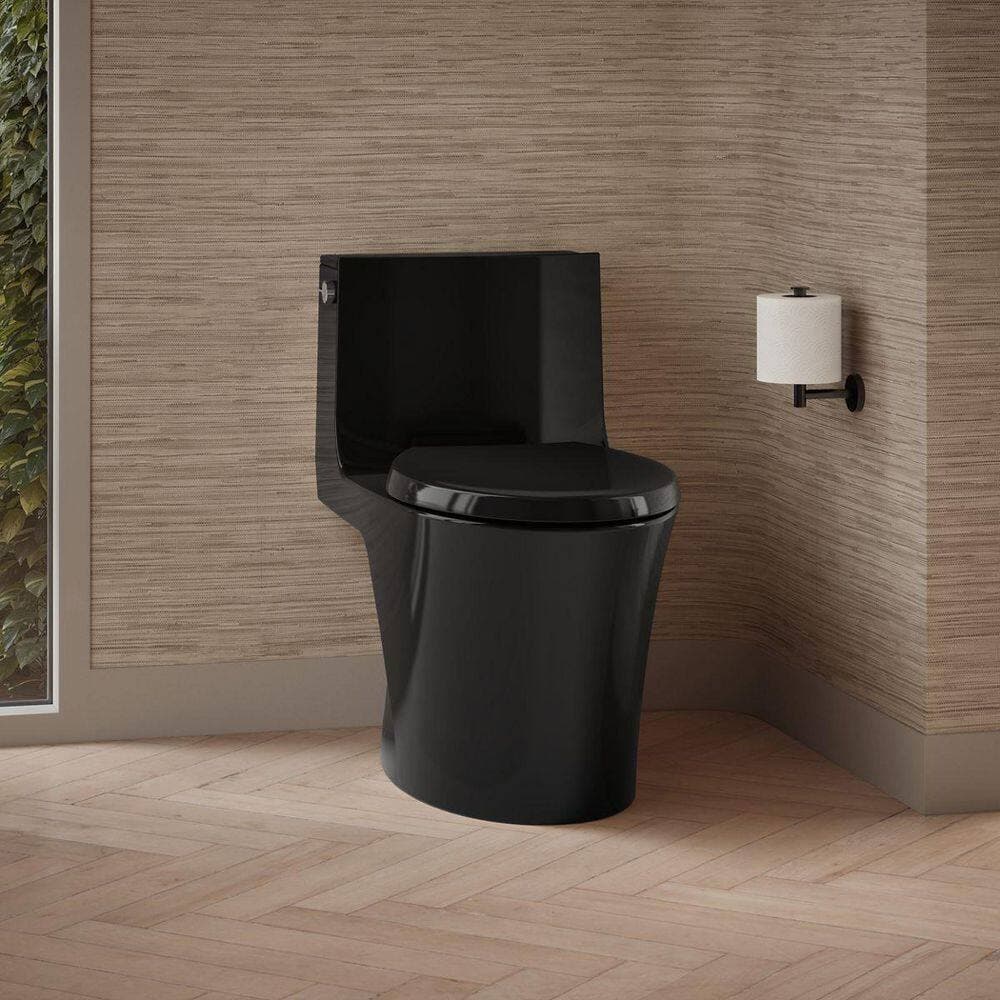 KOHLER Veil 12 in. 1-Piece Dual Flush: 0.8/1.28 GPF Dual Flush Elongated Toilet in Black Black Seat Included (1)