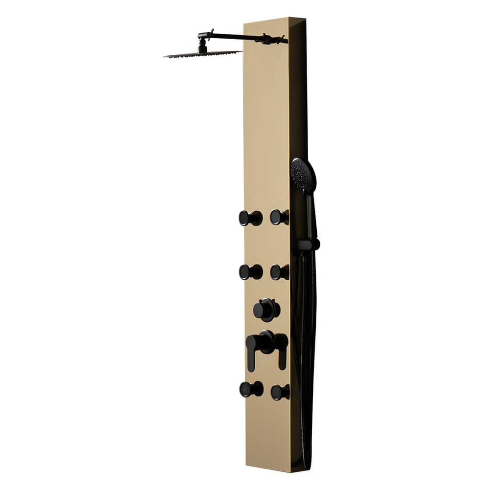 HOMEMYSTIQUE Dual 3-in-1 6-Jet Rainfall Shower Panel Tower System with Rainfall Waterfall Shower Head and Shower Wand in Black Gold (1)