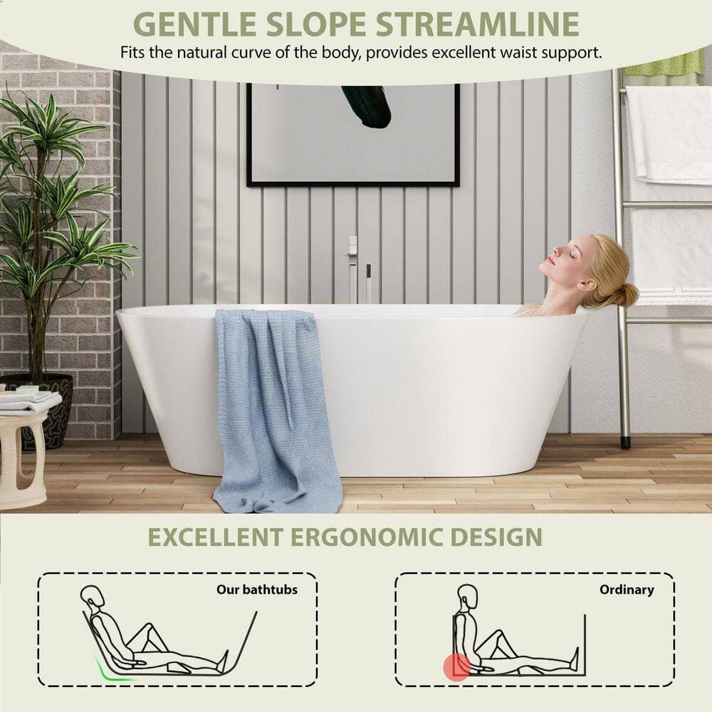 WELLFOR 67 in. x 31.5 in. Soaking Bathtub with Center Drain in Gloss White with Black Overflow and Pop-Up Drain (3)