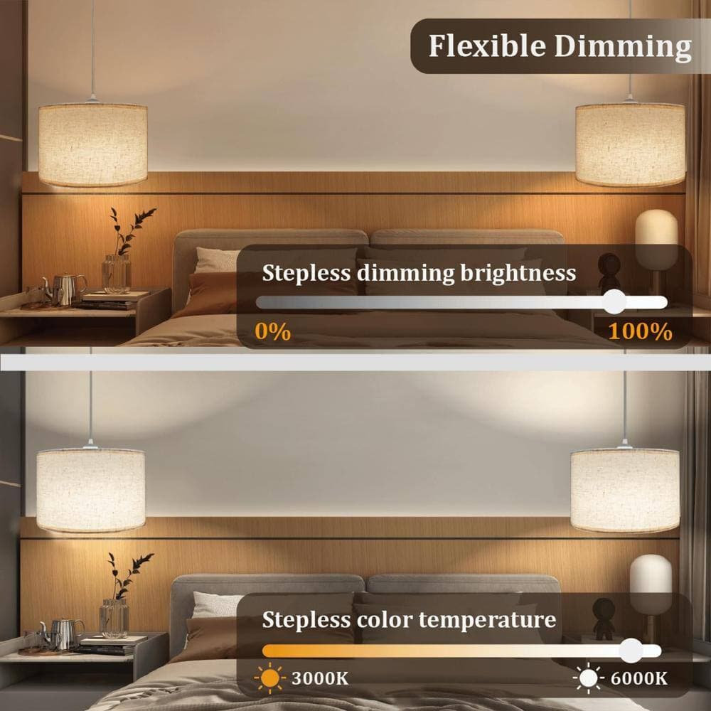 Unbranded 2 Pack Plug In Pendant Light with 15 ft Cord, Beige Linen Shade, Remote App and Voice Dimmable Color Bulbs (3)