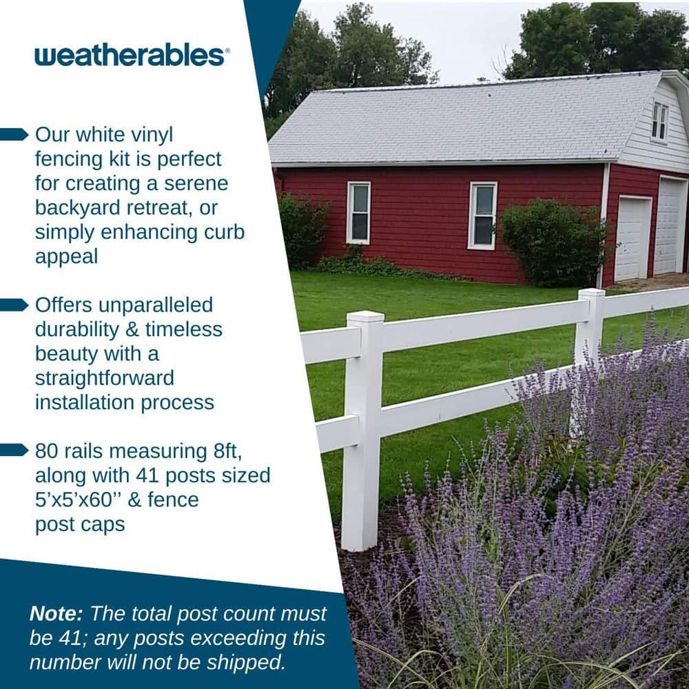 Weatherables 36 in. H x 320 ft. L 2-Rail White Vinyl Complete Ranch Rail Fence Project Pack (2)