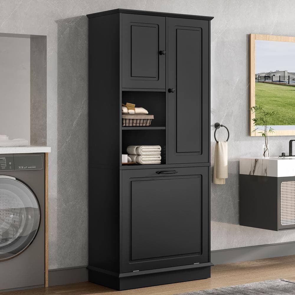 Staykiwi 30 in. W x 14.2 in. D x 67.7 in. H Black Tall Storage Cabinet with Adjustable Shelves and Large Flip-Out Basket (2)