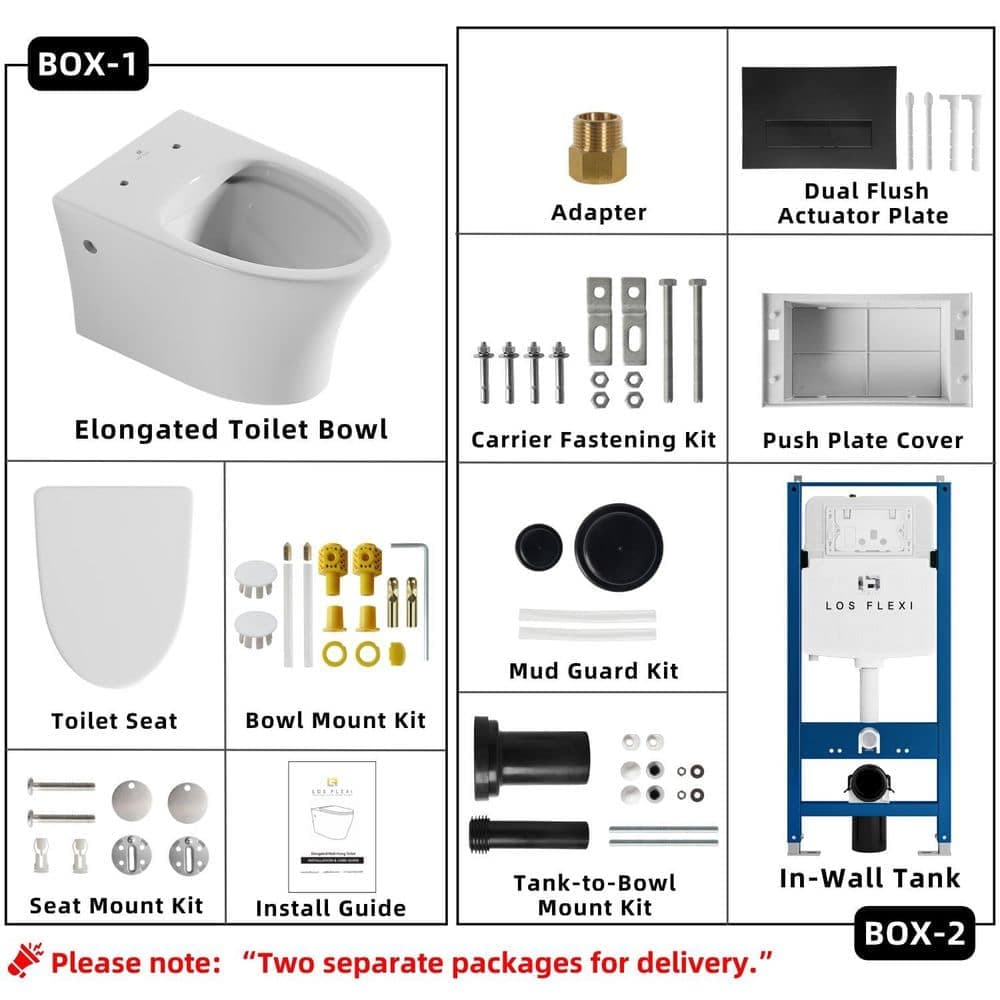 Los Flexi 0.8/1. 6GPF Dual Flush Wall Hung Toilet Set, White Elongated Bowl with In-Wall Water Tank, Durable Flush Plate Included (2)