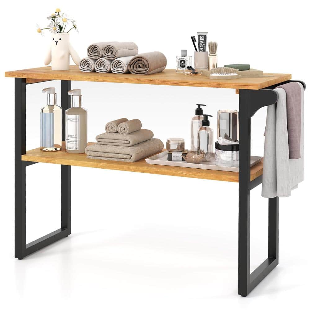 Volenca 2-Tier Solid Teak Wood Bathroom Shelf with Towel Rack (1)