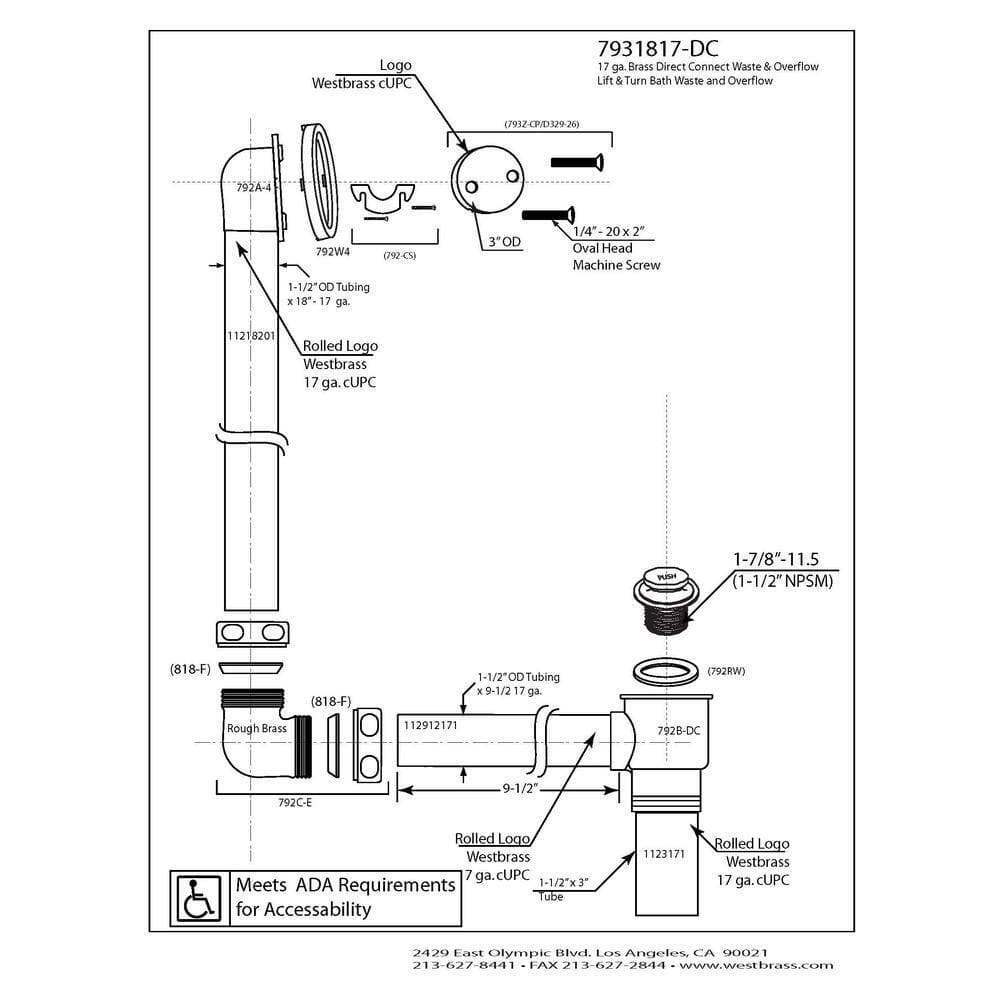Westbrass 22 in. Direct Connect 17-Gauge Brass Waste and Overflow with Tip-Toe Drain Trim Polished Nickel (2)