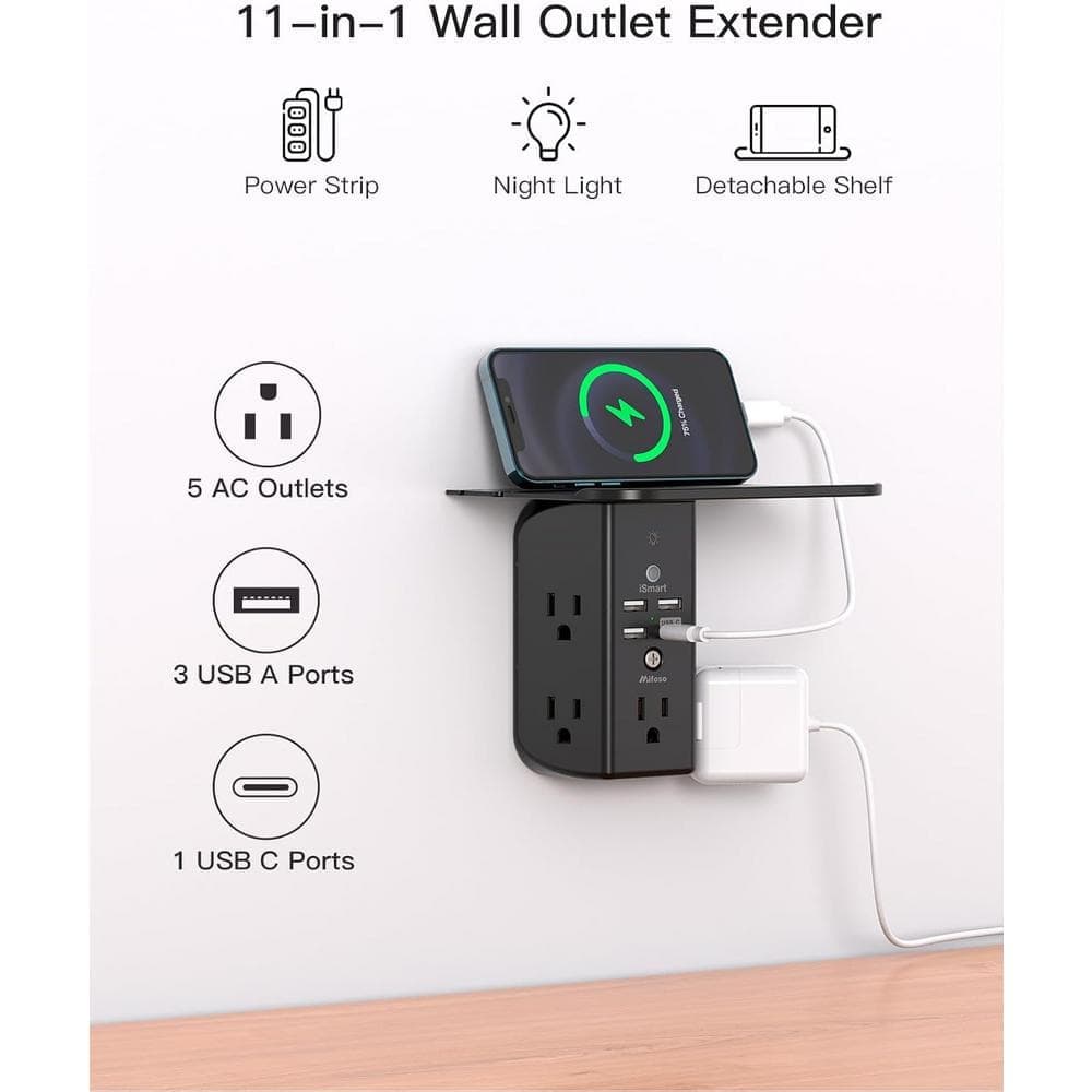 Ahfiwaso 5-Outlet Wall Outlet Extender Surge Protector with 3 USB Ports, Shelf and Night Light in Black (2)