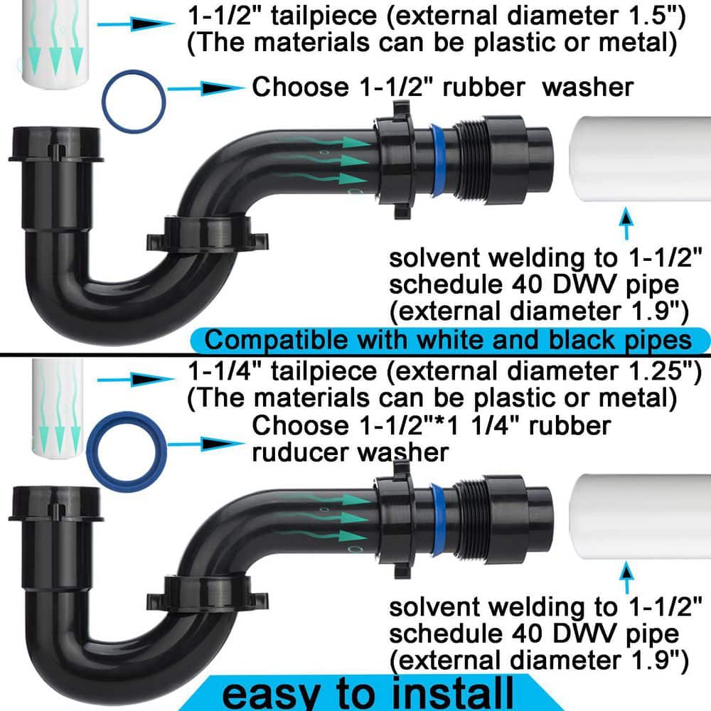Helhom 1 Pack 1-1/2 in. P-Trap with Adapter for Bathroom or Kitchen Sink Drain in Black (3)
