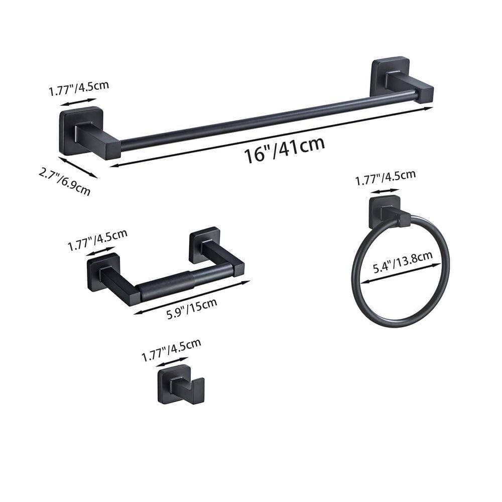 Wudkey 4-Piece Bathroom Hardware Set with Towel Bar, Ring, Hook & Toilet Paper Holder in Matte Black (3)