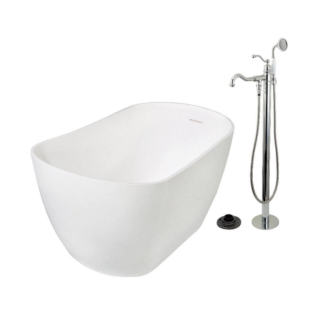 Kingston Brass Arcticstone 51.6 in. x 28.4 in. Surface White Stone Flatbottom Soaking Freestanding Bathtub in White/Polished Chrome (1)