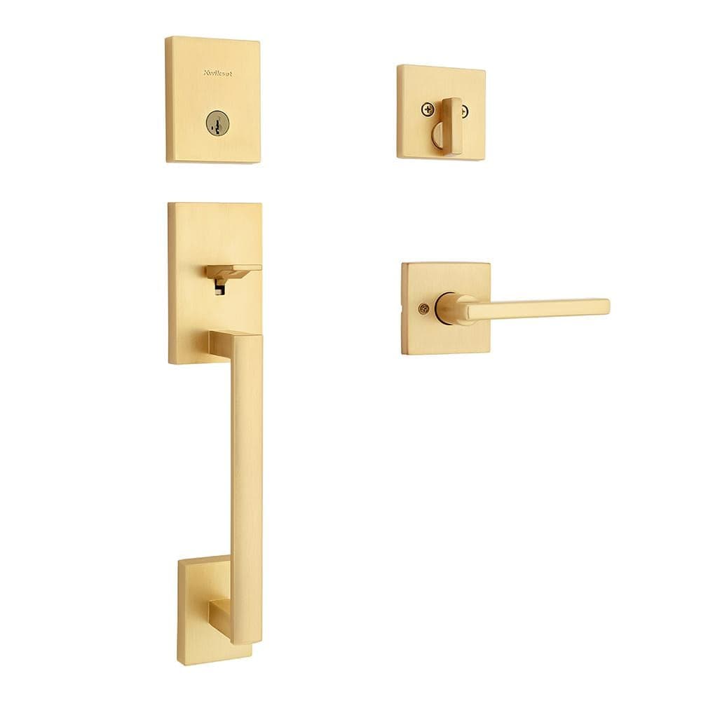 Kwikset San Clemente Satin Brass Keyed Entry Single Cylinder Door Handleset with Halifax Door Handle Featuring SmartKey Security (1)