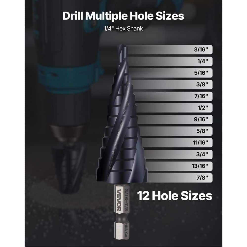 VEVOR Step Drill Bit, 3/16 to 7/8 in. 1/4 in. Tialn Coating Cobalt HSS High Speed Steel, 4 Spiral Flute Step Bit, (1-Piece) (2)