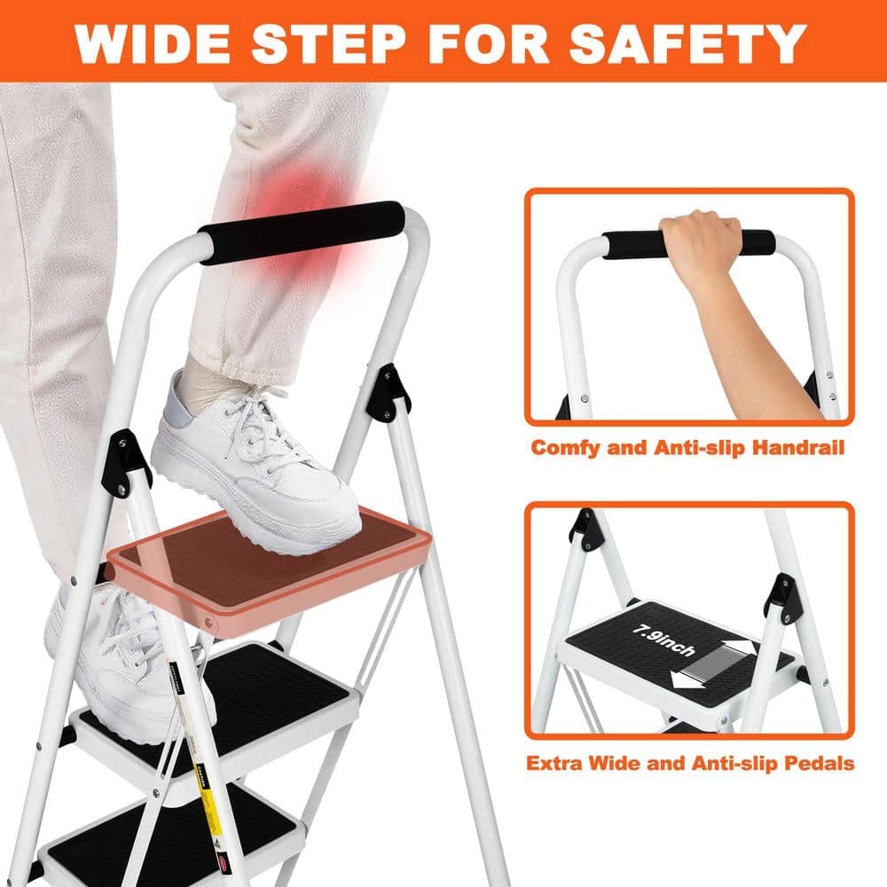 maocao hoom 4 ft. Reach 4-Step Metal Ladder Foldable Non-slip Ladder Loading 550 lbs. for Home, Kitchen, Office, White Step Stool (3)
