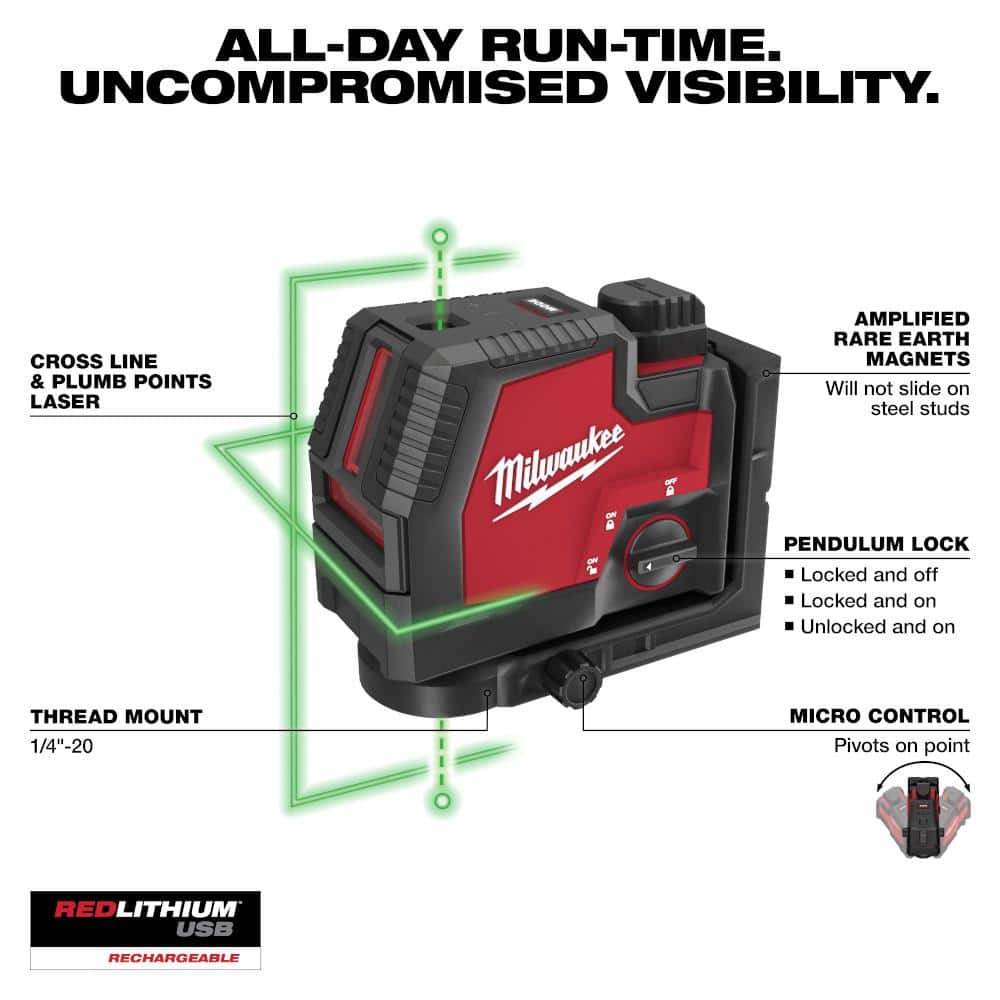 Milwaukee Green 100 ft. Cross Line and Plumb Points Rechargeable Laser Level with REDLITHIUM Lithium-Ion USB Battery and Charger (3)