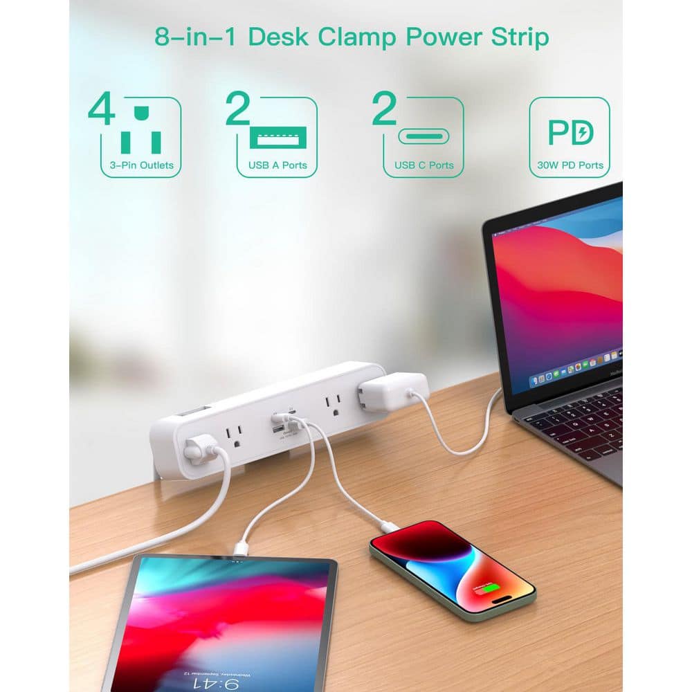 Unbranded 5 ft. 4-Outlet Surge Protector with 2 USB-A Ports 2 USB-C Port Desk Clamp Mount Fast Charging Station (3)