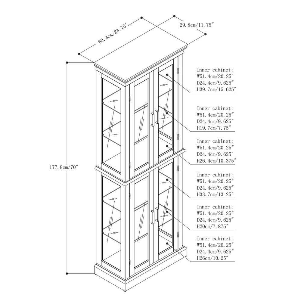 XUJMK 24 in. W x 12 in. D x 70 in. H Brown Linen Cabinet Curio Cabinet Lighted with Adjustable Shelves and Mirrored Back Panel (3)