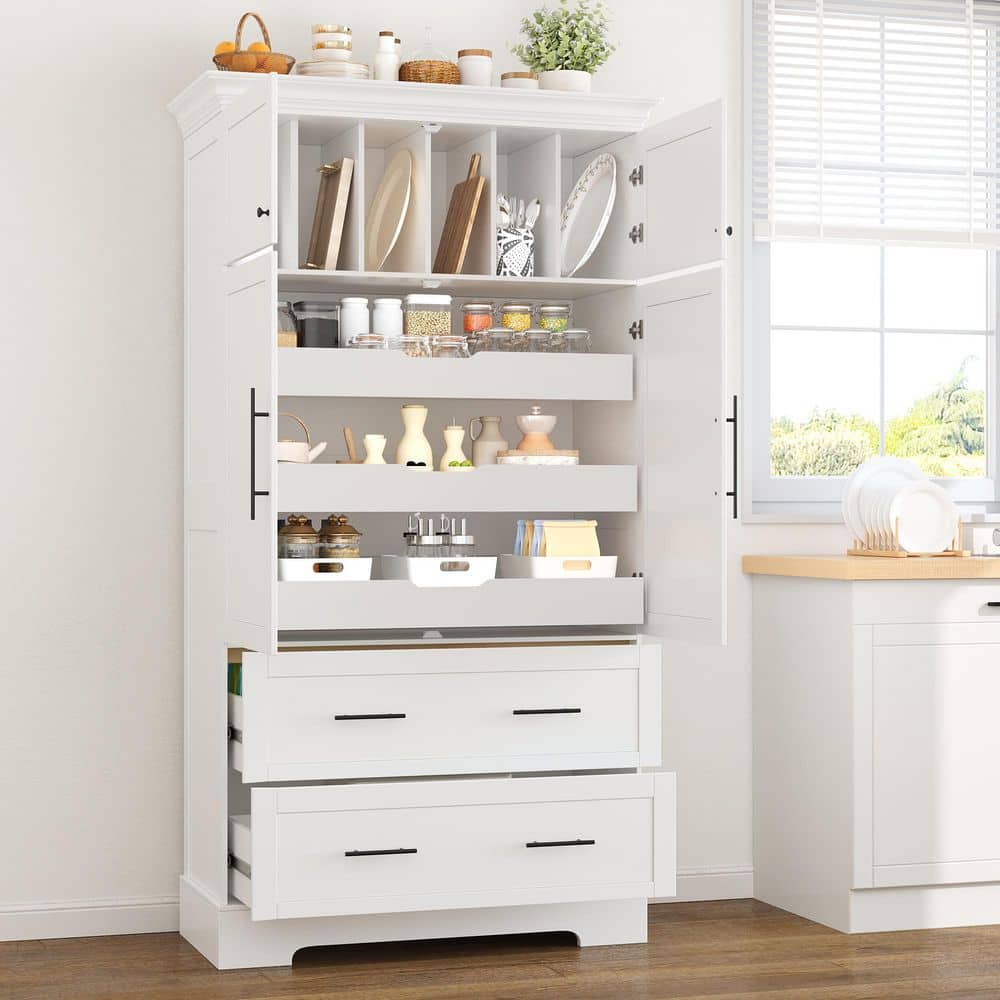 COWLOWN 40 in. W 18 in. D 72.6 in. H Linen Cabinet Kitchen Pantry with 4-Doors, Pull-Out Trays, Drawers